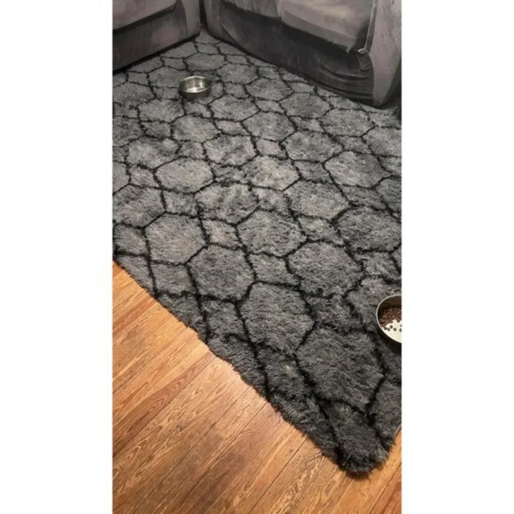 6x9 Area Rug, Washable Fluffy Grey Black Geometric Shag Carpet for Home Decor